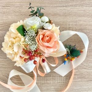 Faux Wedding Flowers. Bridal Bouquet and Groom Brooch Boutonniere.